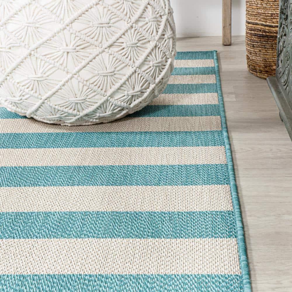 2' x 8' Negril Two-Tone Wide Stripe Indoor/Outdoor Runner Rug, Aqua/Cream - JONATHAN Y