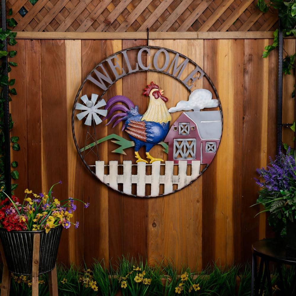 Alpine 30"H Large Round Rooster and Farm Welcome Wall Sign