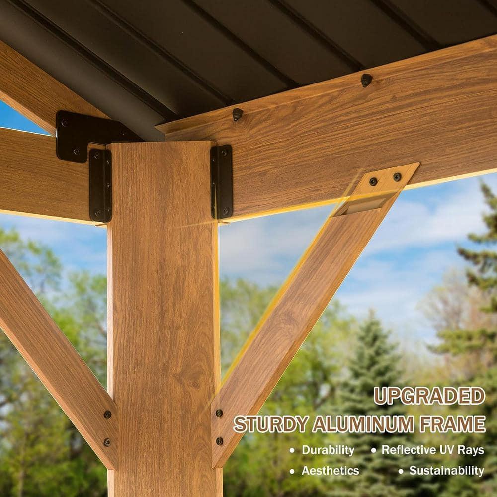 Swonuk 12' x 20' Hardtop Gazebo, Galvanized Steel Gable Roof Gazebo Pergola with Wood Grain Aluminum Frame, Outdoor Permanent Gazebo Pavilion for Patio Garden Lawn Backyard and Deck (Yellow Brown)