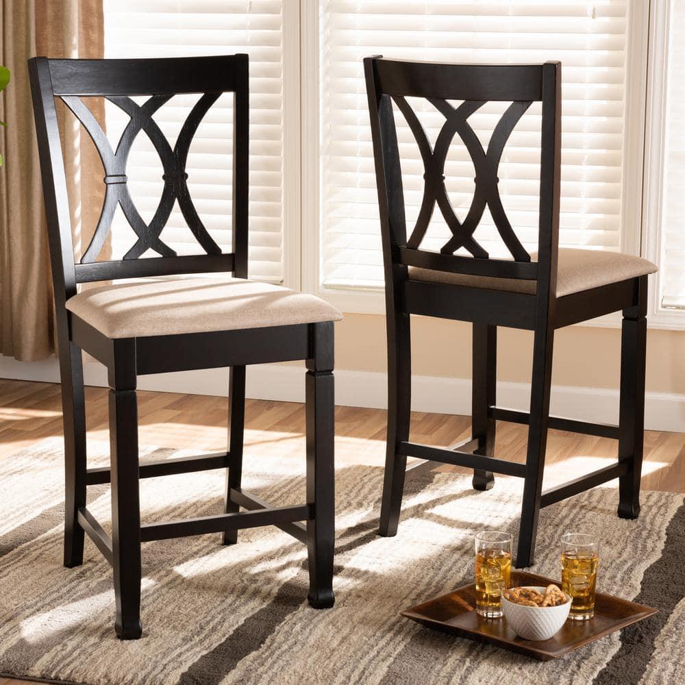 Set of 2 Reneau Finished Wood Counter Height Barstools Brown - Baxton Studio: Rubberwood Frame, Upholstered, 42.5" Height