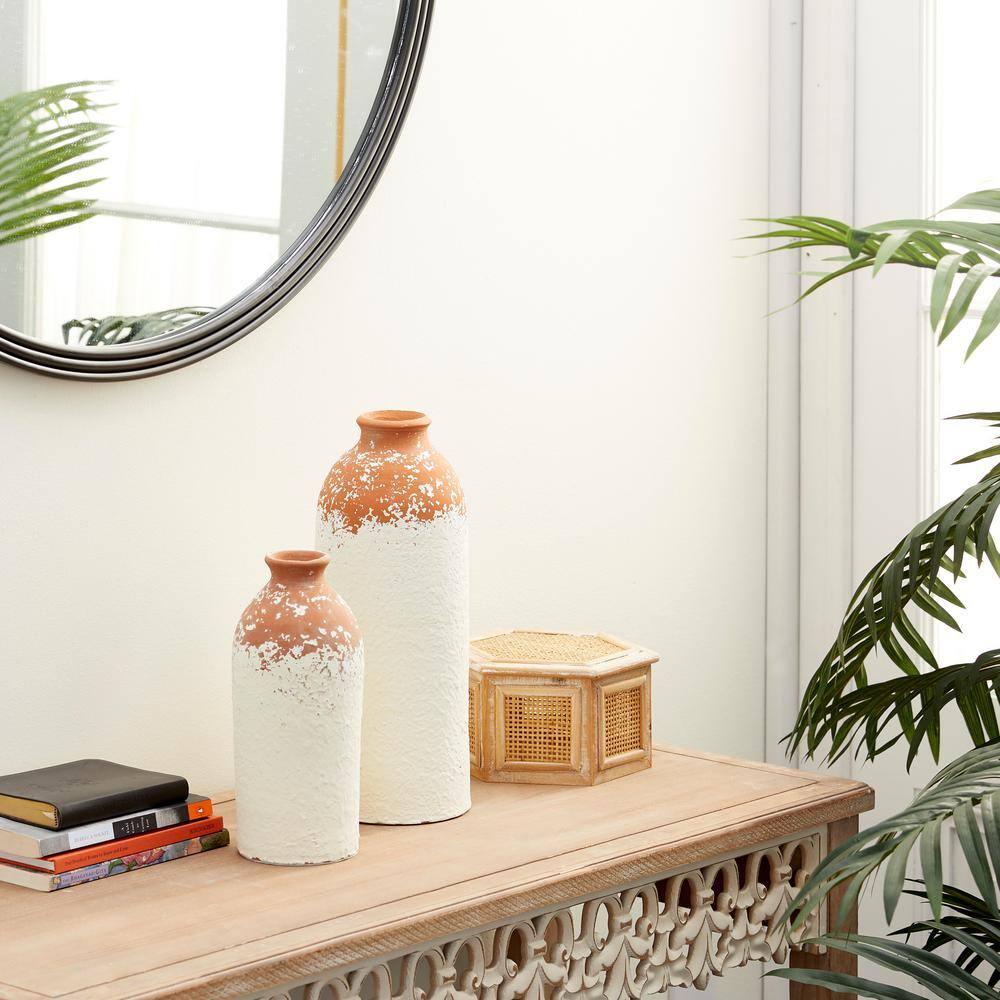 Novogratz Ceramic Decorative White Vase with Terracotta Detailing Set