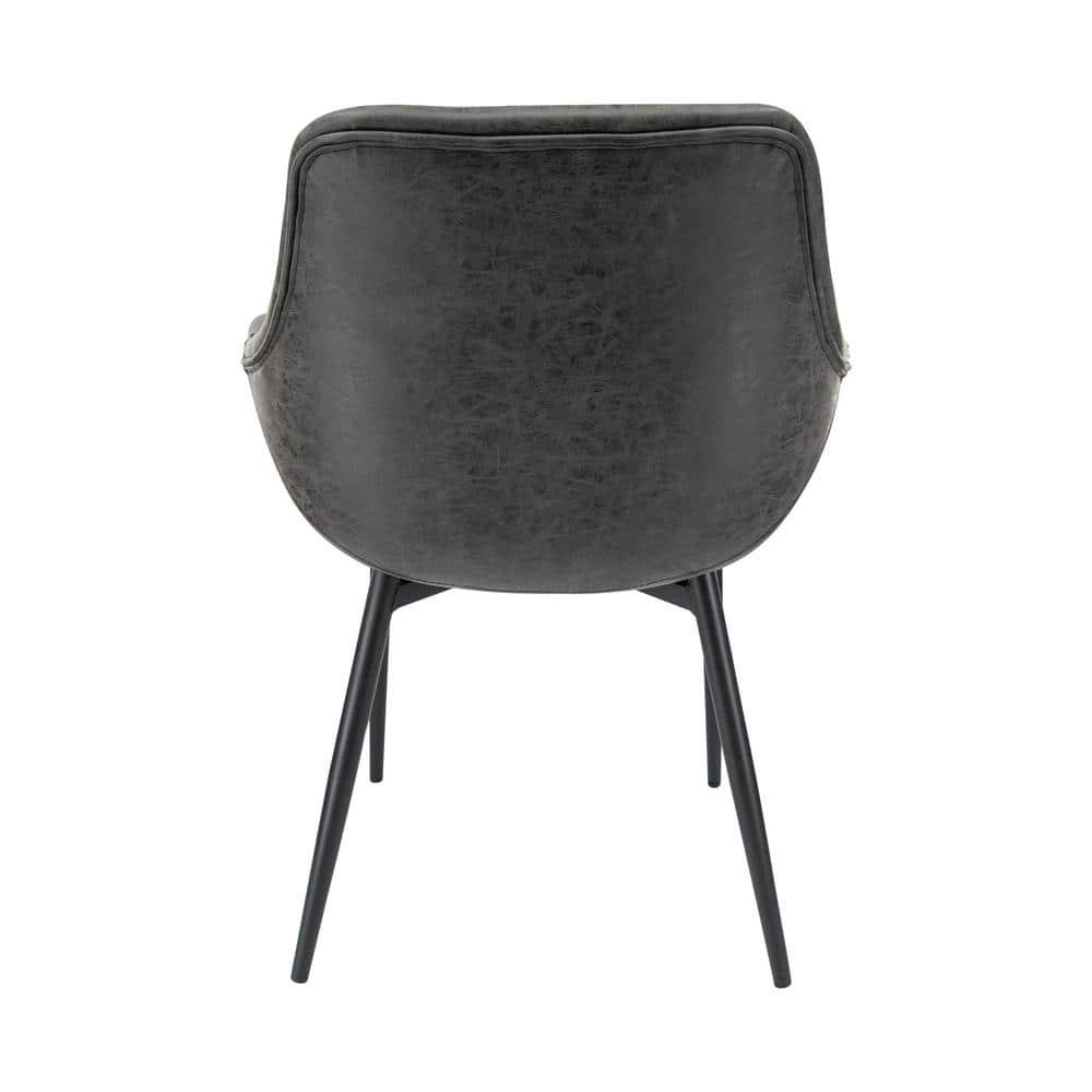 LeisureMod Markley Leather Dining Arm Chair With Metal Legs Set of 2 in Charcoal Black