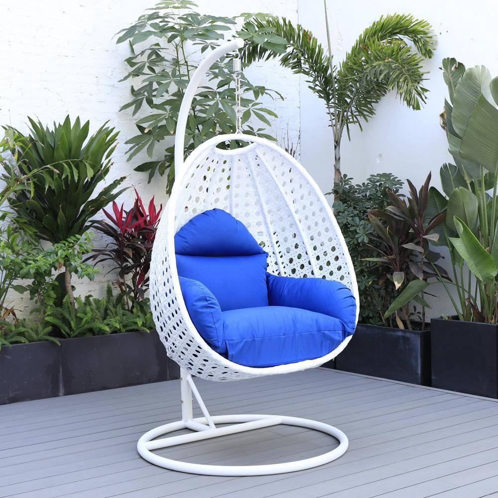 LeisureMod White Wicker Hanging Egg Swing Chair