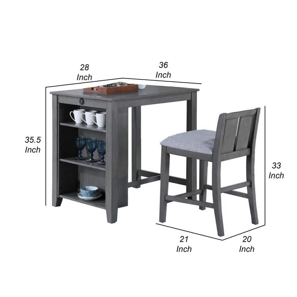 Benjara Ham 3 Piece Counter Height Compact Dining Table, Chair Set, Gray Wood