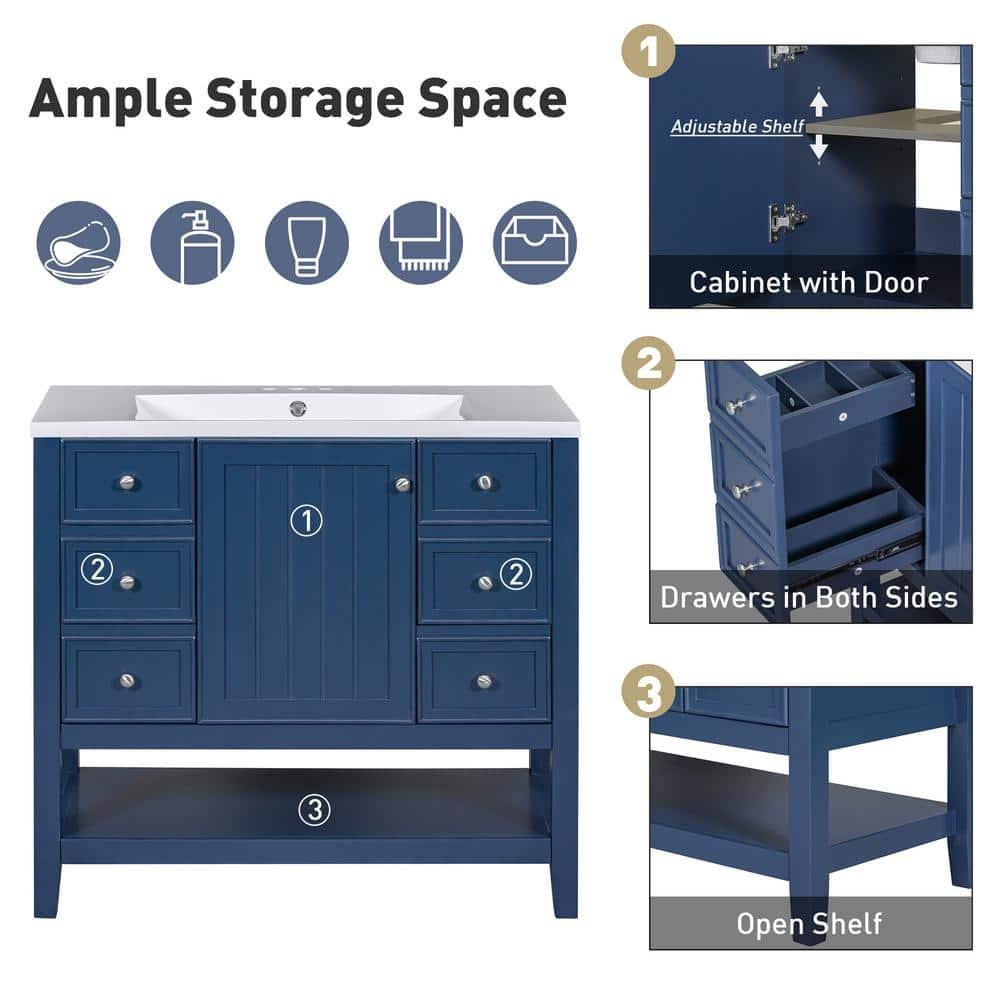 36" Bathroom Vanity with Sink Combo, Bathroom Vanity and Sink Set with 1 Cabinet and 3 Drawers, Solid Wood and MDF Board Frame, Blue
