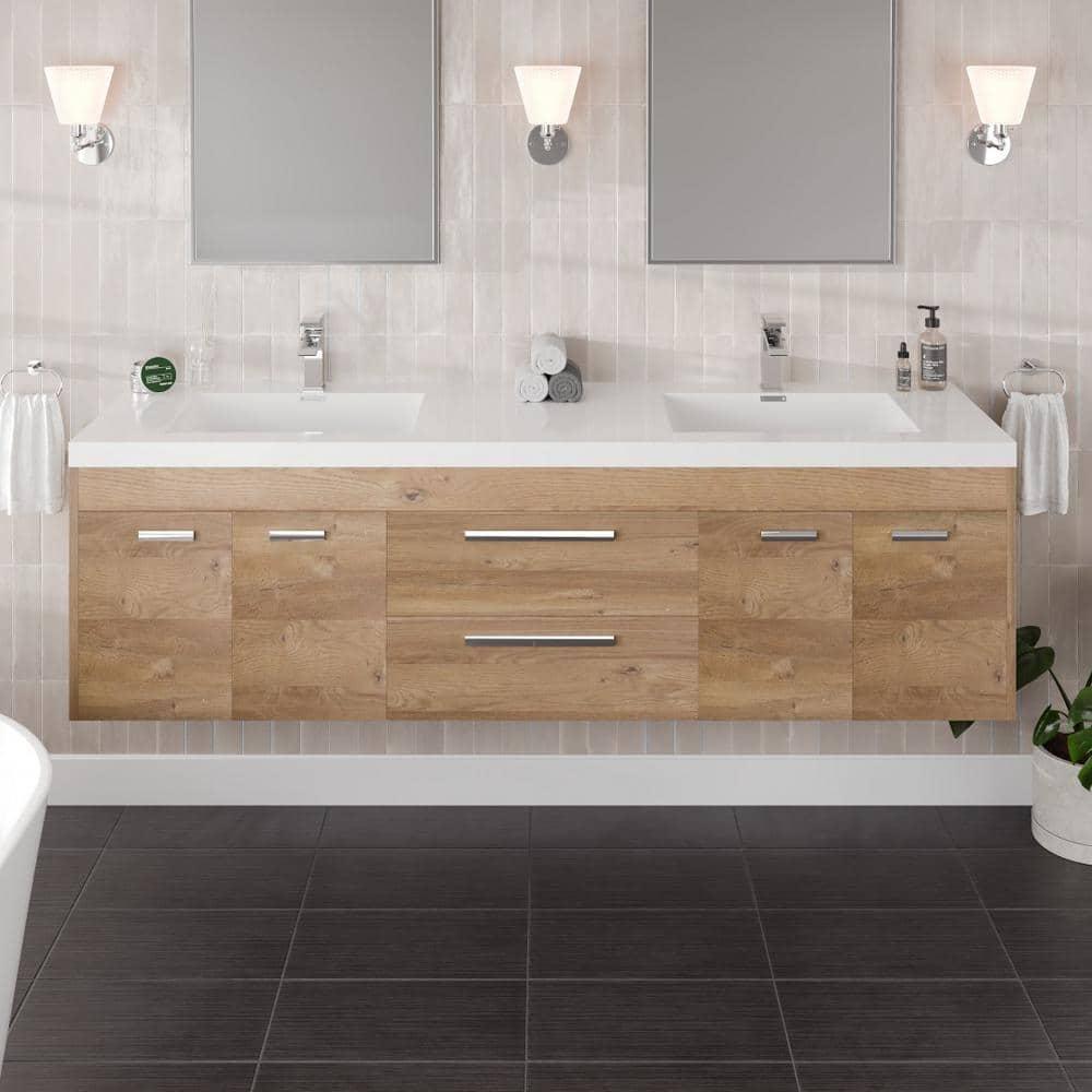 Wade Logan® Wauconda 72"W X 20"D Wall Mount Double Sink Bathroom Vanity With White Acrylic Countertop And Integrated Sinks