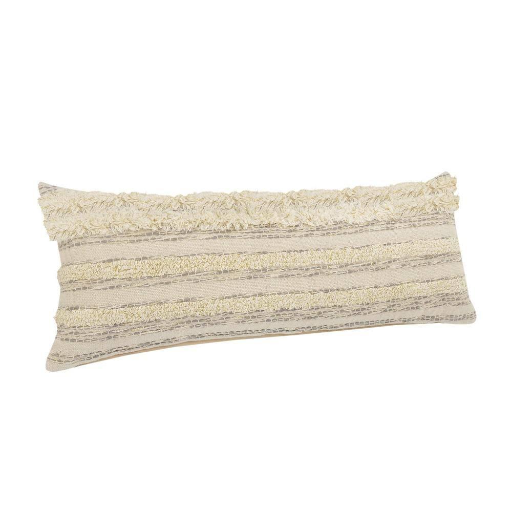 ZeaZu 14" X 36" Cream Gray And Gold 100% Cotton Striped Zippered Pillow