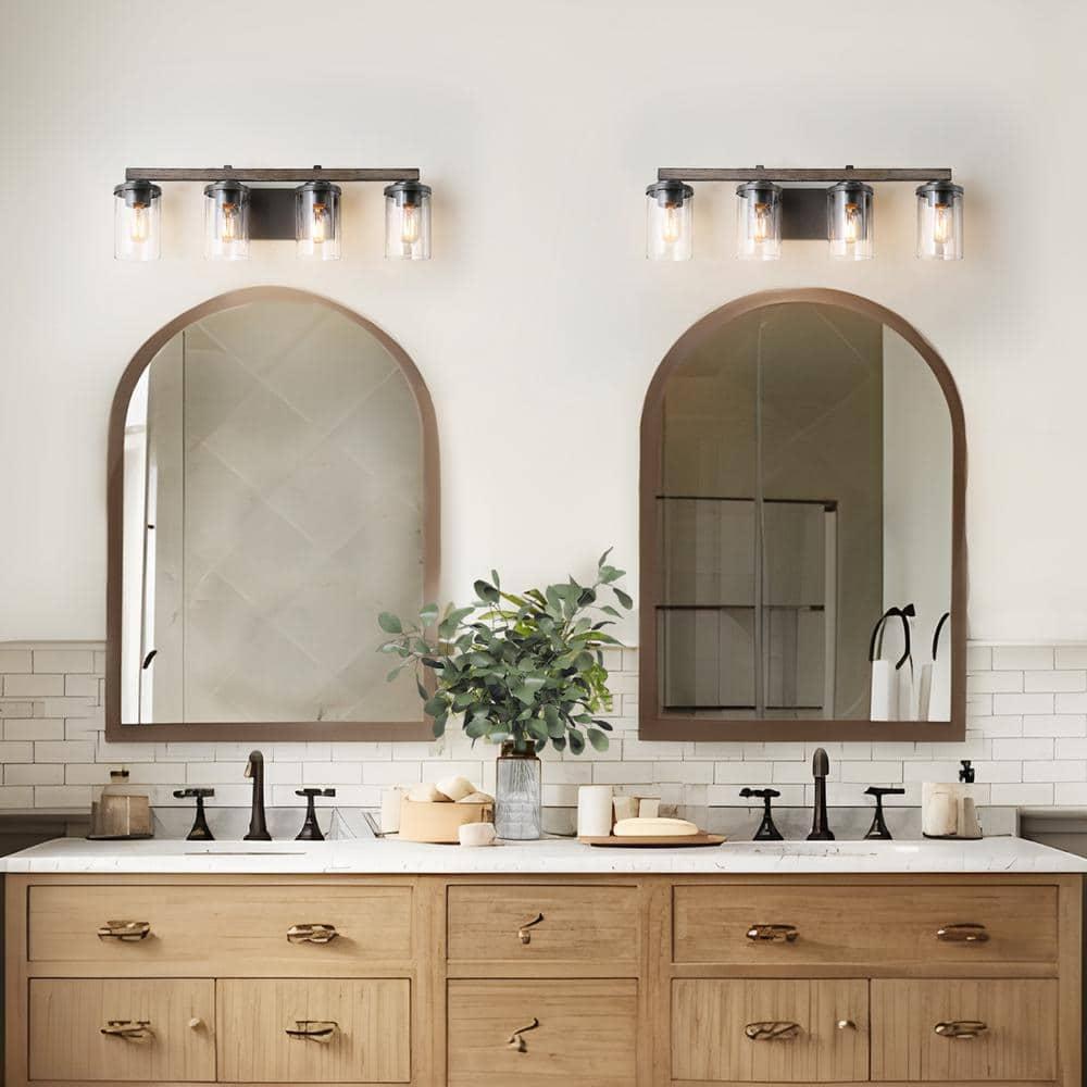 LNC Rustic Industrial Faux Wood 4-Light Black Finish Wall Fixture for Bathroom Glass Shades 4 Count