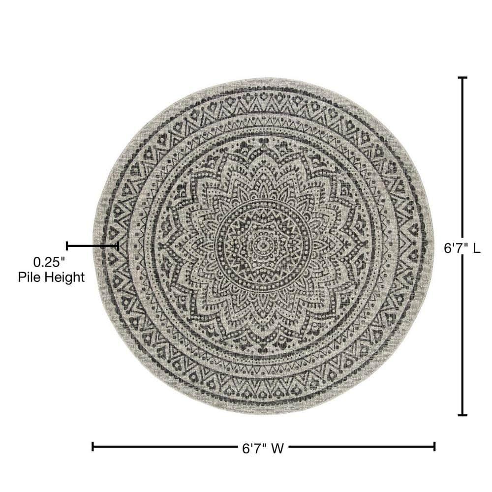 Courtyard CY8734 Power Loomed Indoor and Outdoor Area Rug - Light Grey/Black - 6'7" Round - Safavieh