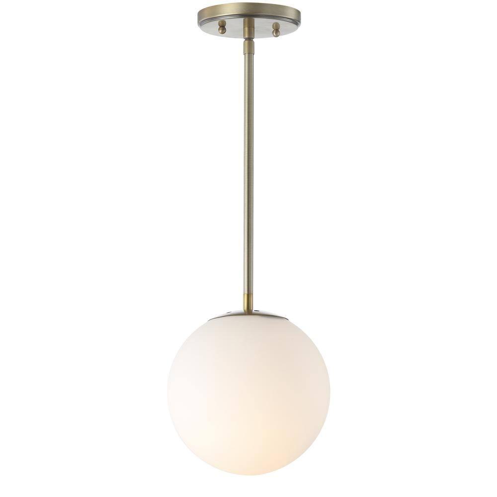 Bleecker 7.75" Metal/Glass Globe LED Pendant, White/Brass