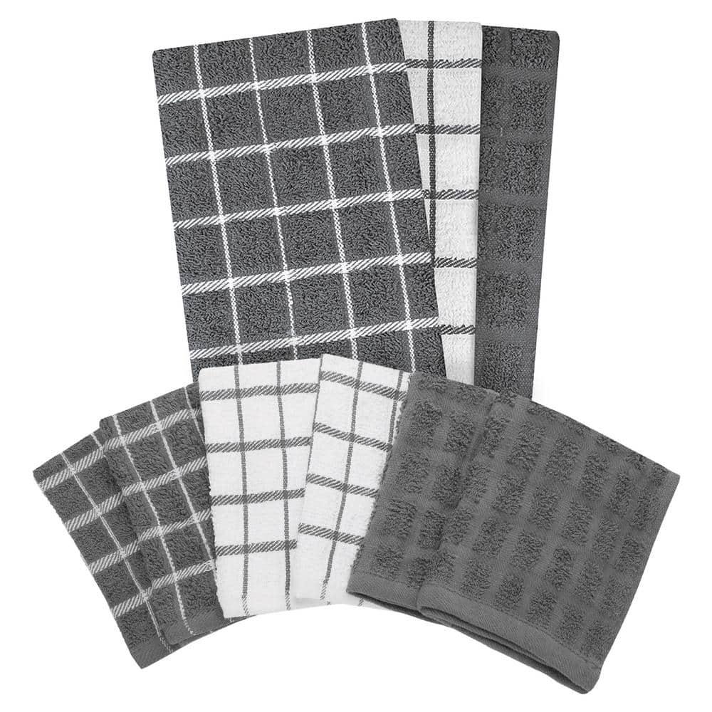 John Ritzenthaler Co. Ritz 3-Pack Terry Check Kitchen Towel Set and 6-Pack Terry Check Dish Cloth Set, Grey