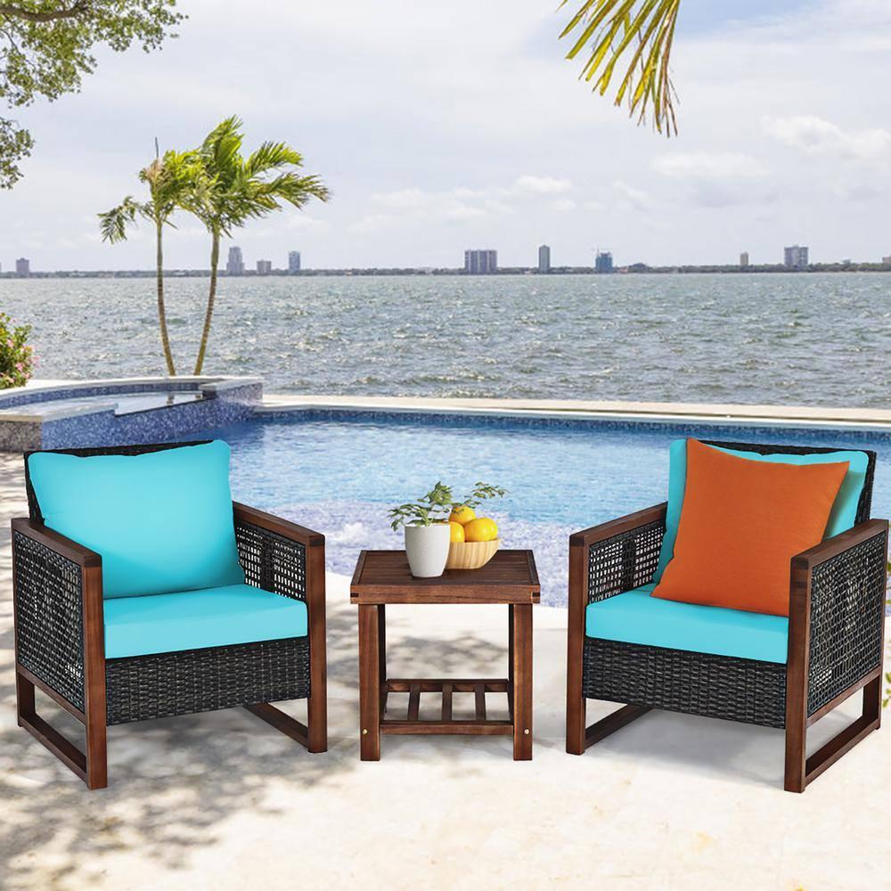Patiojoy 3PCS Patio Rattan Bistro Set Acacia Wood Frame Sofa and Side Table Turquoise Cushions
