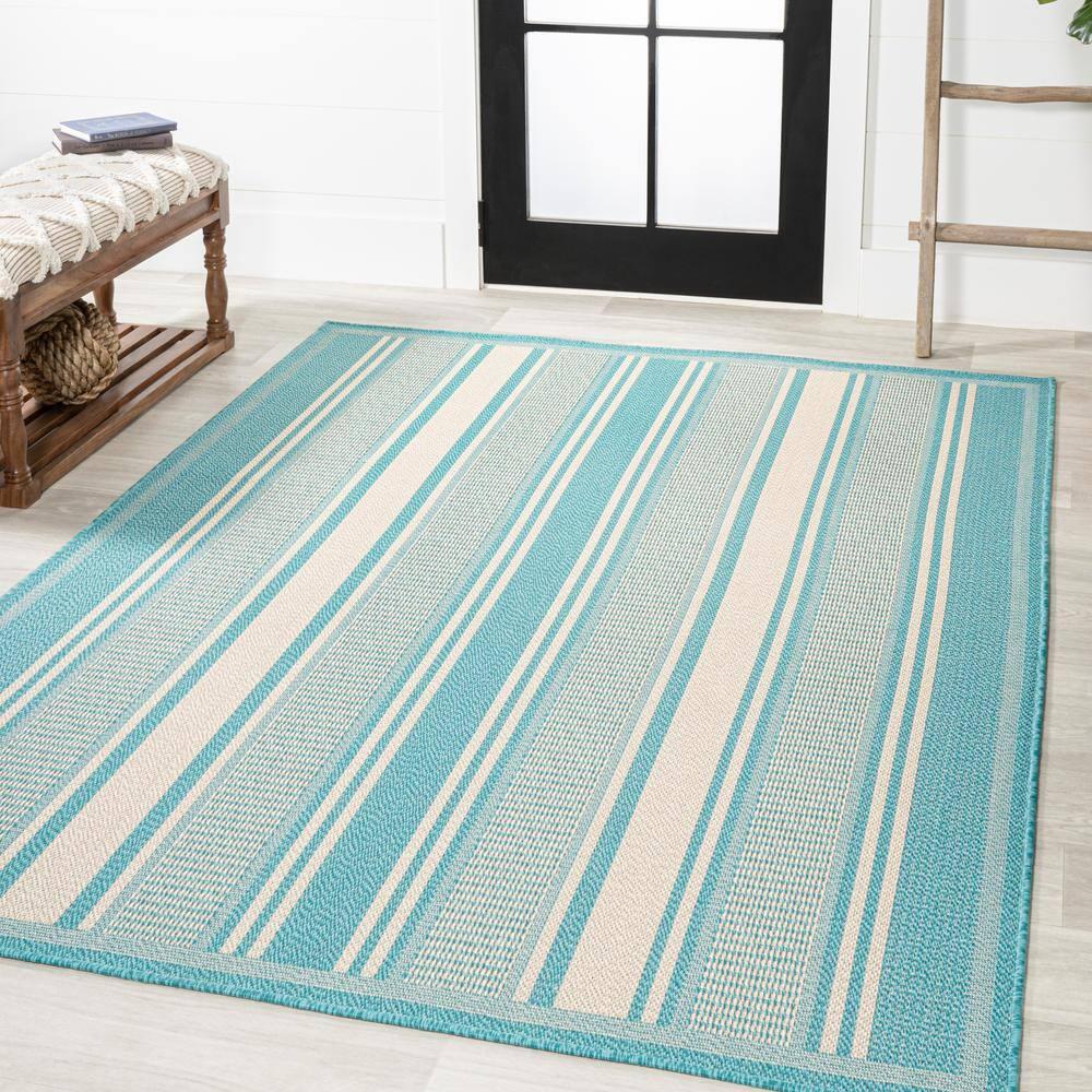 3' x 5' Haynes Modern Double Stripe Indoor/Outdoor Area Rug, Aqua/Beige - JONATHAN Y