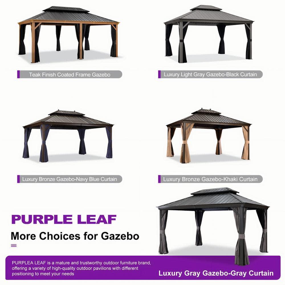 PURPLE LEAF 10' x 14' Hardtop Gazebo with String Lights Galvanized Steel Double Roof Gazebo with Aluminum Frames Outdoor Large Pavilion Gazebos for Patio Deck Garden, Light Grey