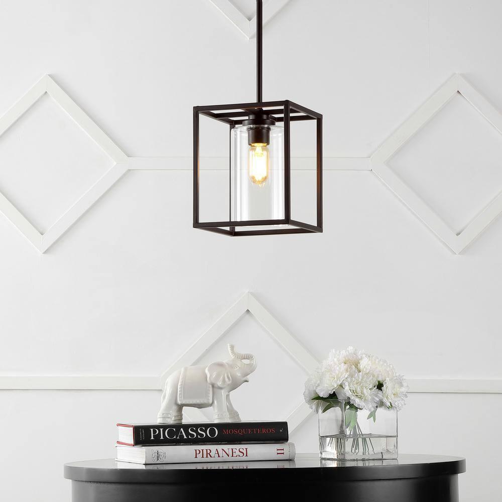 Quinn 8.13" 1-Light Industrial Farmhouse Iron/Glass LED Pendant, Oil Rubbed Bronze