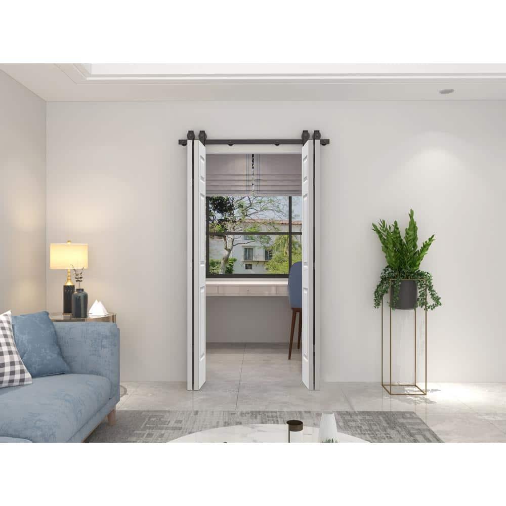 72 in. x 80 in. Hollow Core 6 Panel Primed MDF Composite Double Bi-Fold Barn Doors with Sliding Hardware Kit