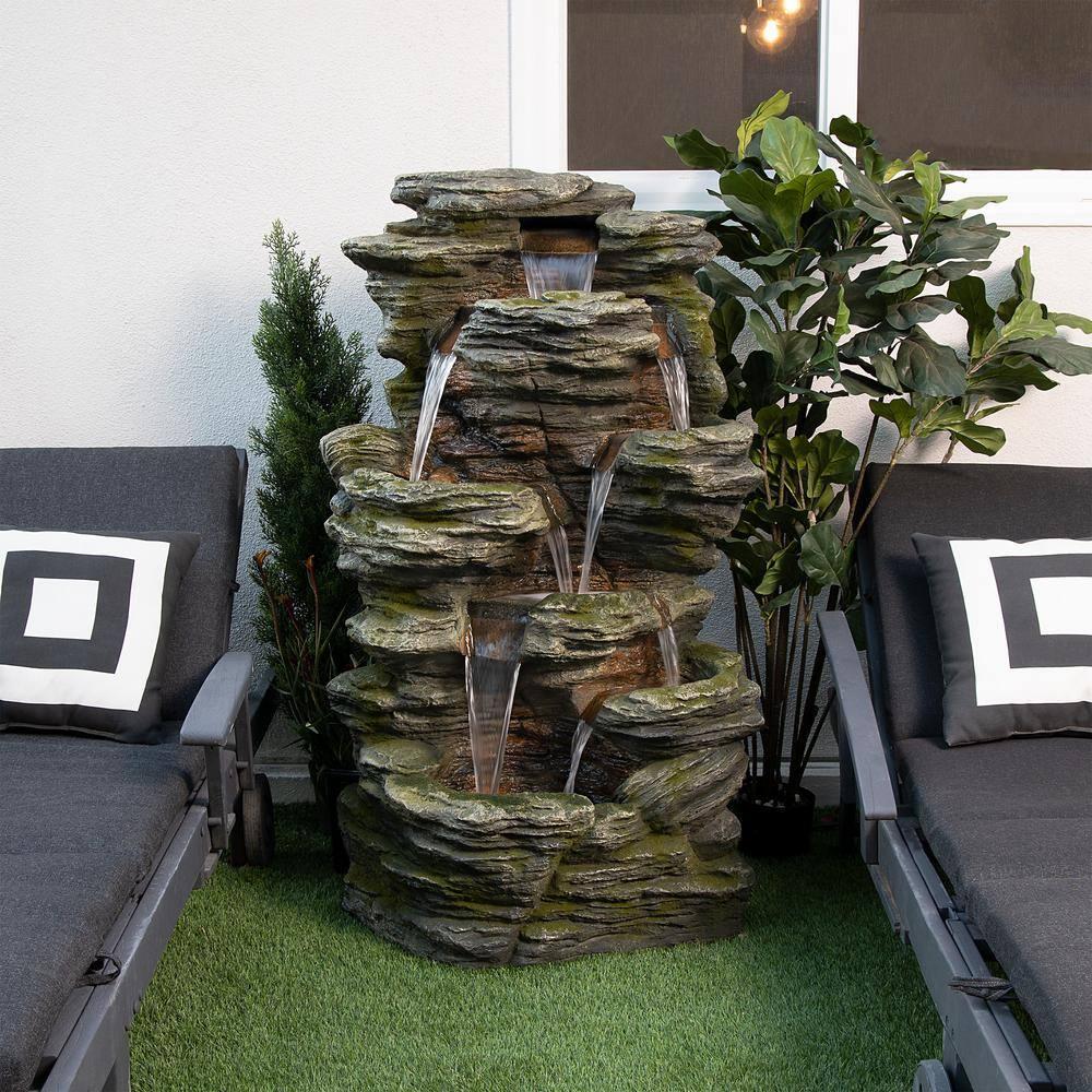 51" Resin Rock Cascading Fountain with LED Lights Gray - Alpine Corporation: Waterfall Feature, Birdbath