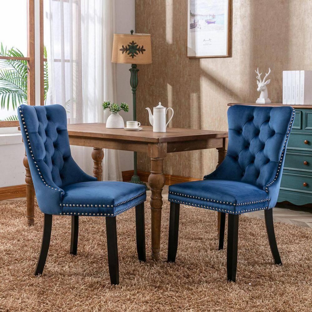 Velvet Upholstered Dining Chairs Set of 2, Wingback Dining Room Chairs with Ring Pull, Nailhead Trim and Tufted Button Back, Luxury Dining Chairs for Living Room Kitchen, (Blue)