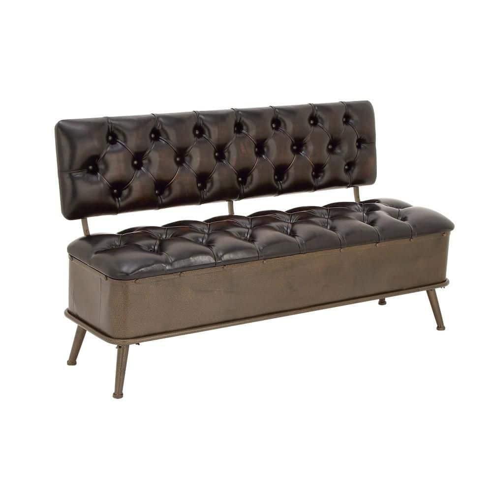 Williston Forge Black Metal Room Storage Bench with Tufted Faux Leather, 54" x 19" x 31"