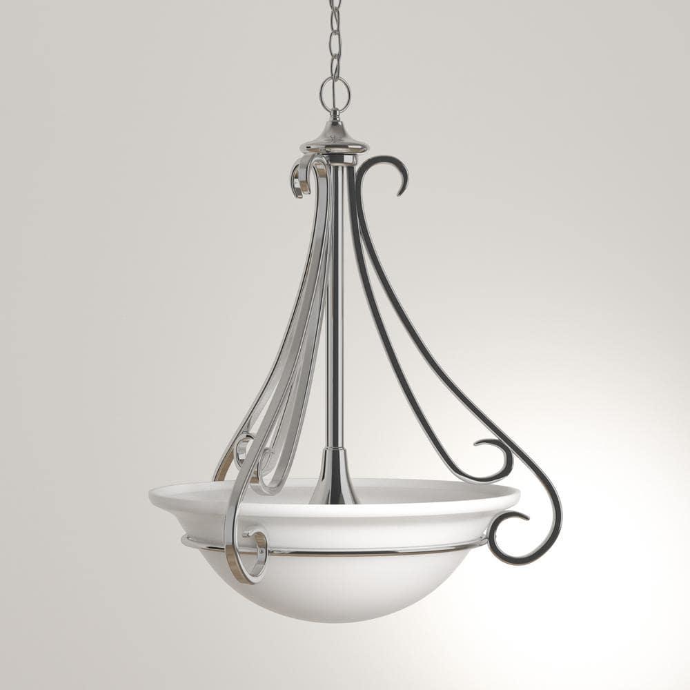Progress Lighting Torino 3-Light Inverted Pendant, Brushed Nickel, Etched White Glass Bowl, Porcelain Material
