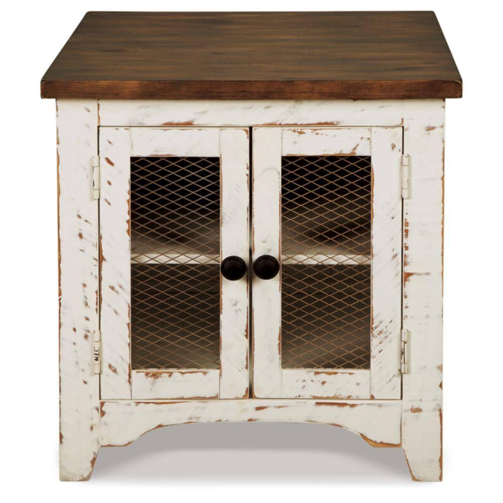 Wystfield End Table White/Brown - Signature Design by Ashley: Modern Style with Storage, Wood Legs & Double Doors