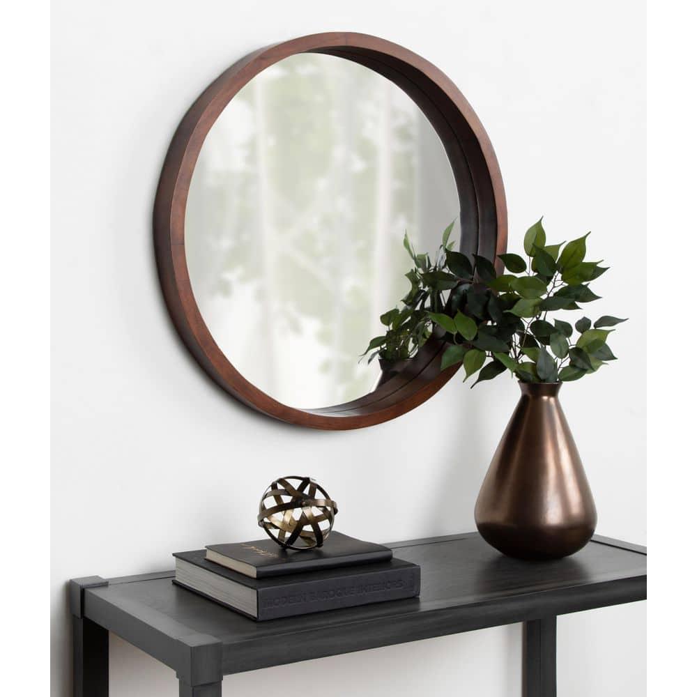 22" x 22" Hutton Round Wood Wall Mirror Walnut Brown - Kate and Laurel