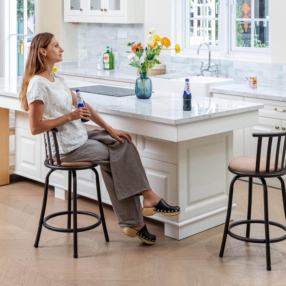 FurnitureR Brown Velvet 24'' Counter Stool Swivel High Back Barstools(Set of 2)