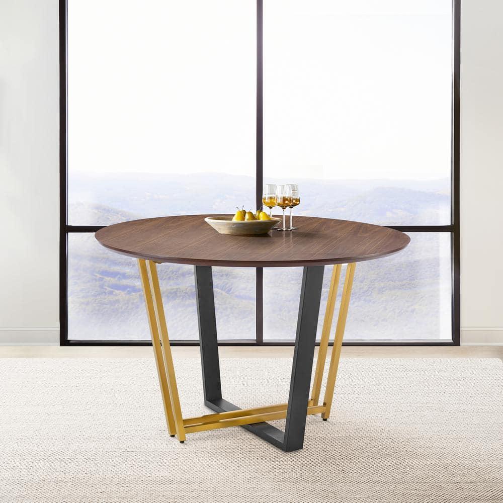Armen Living 48" Joana Round Stainless Steel and Iron Base with Tabletop Dining Table Gold/Black/Walnut