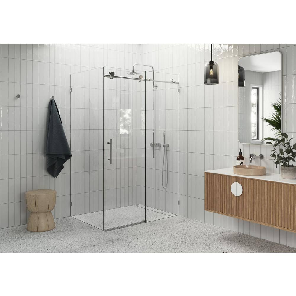 Glass Warehouse Nova 48 in. x 40 in. x 78 in. 90-degree Fully Frameless Sliding Glass Shower Enclosure 90SL-48-40-CH