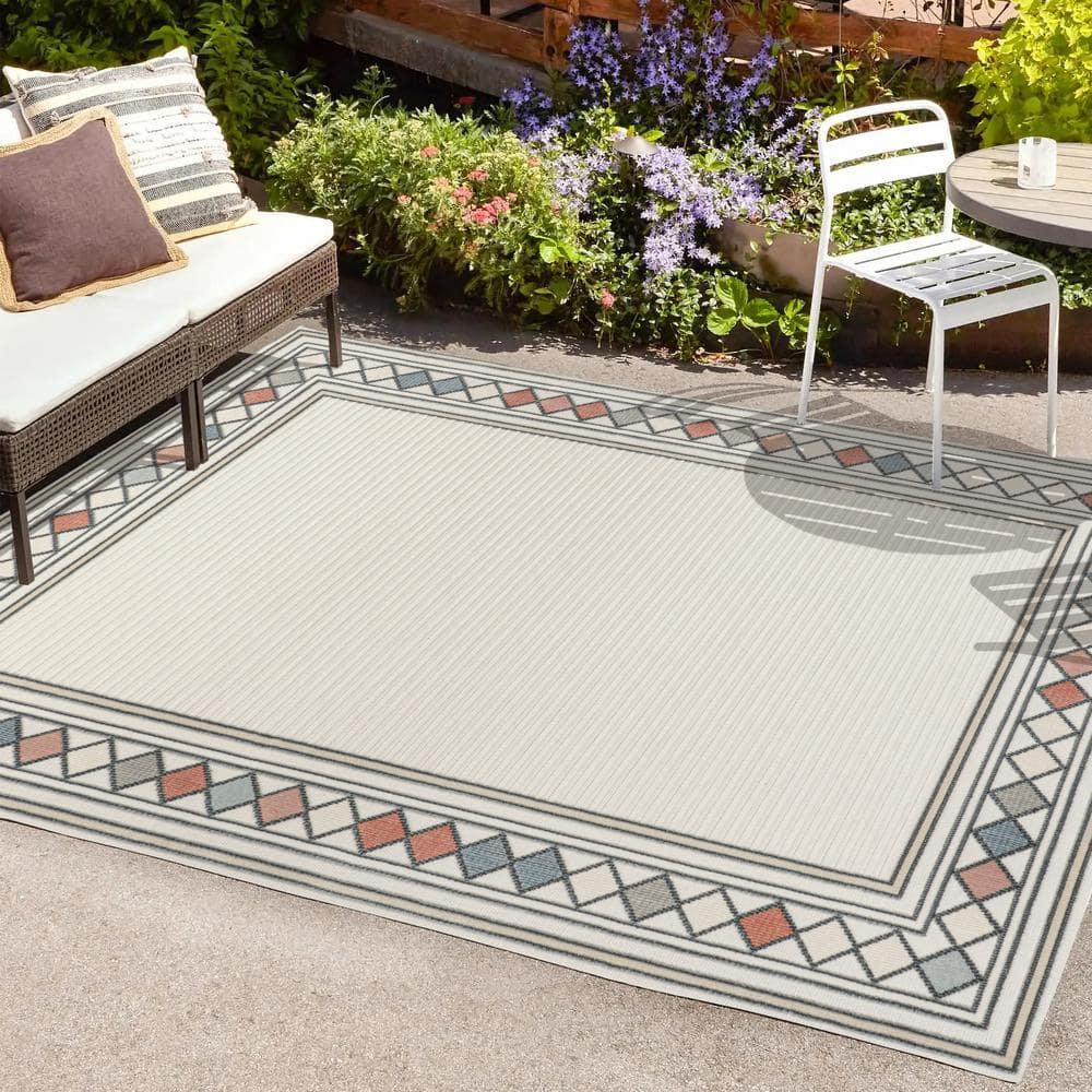 JONATHAN Y Sebastian High-Low Modern Diamond Border Ivory/Beige 3 ft. x 5 ft. Indoor/Outdoor Area Rug