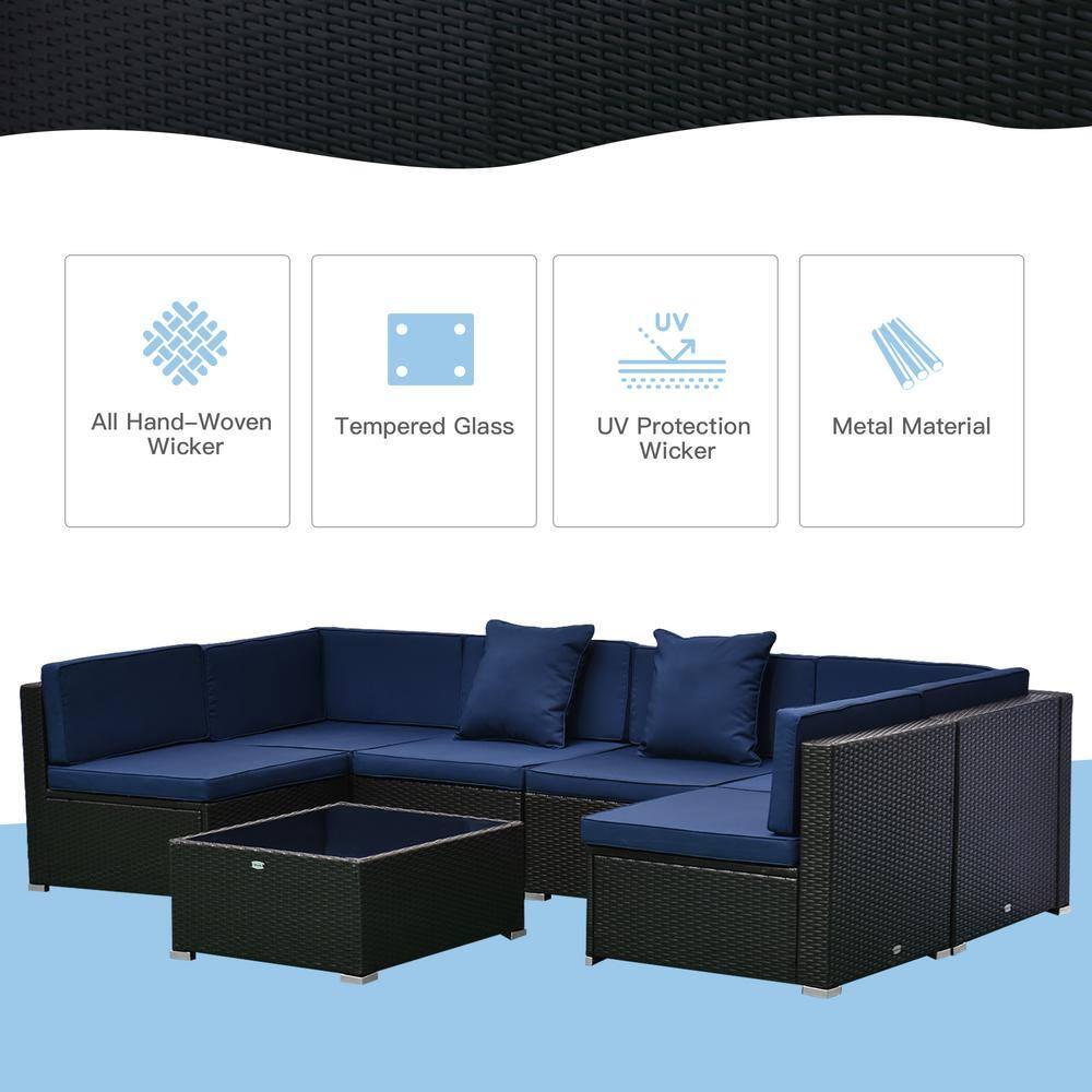 Outsunny 7 Piece Outdoor Patio Furniture Set, PE Rattan Wicker Sectional Sofa Set with Couch Cushions, Pillows, Coffee Table, Blue