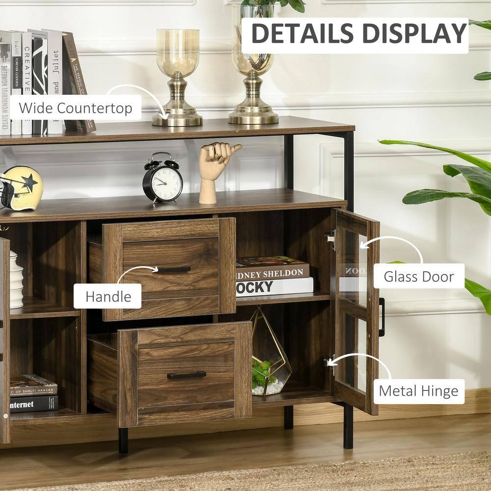 HOMCOM Rustic Kitchen Sideboard, Serving Buffet Storage Cabinet with Adjustable Shelves, Glass Doors, and 2 Drawers for Living Room
