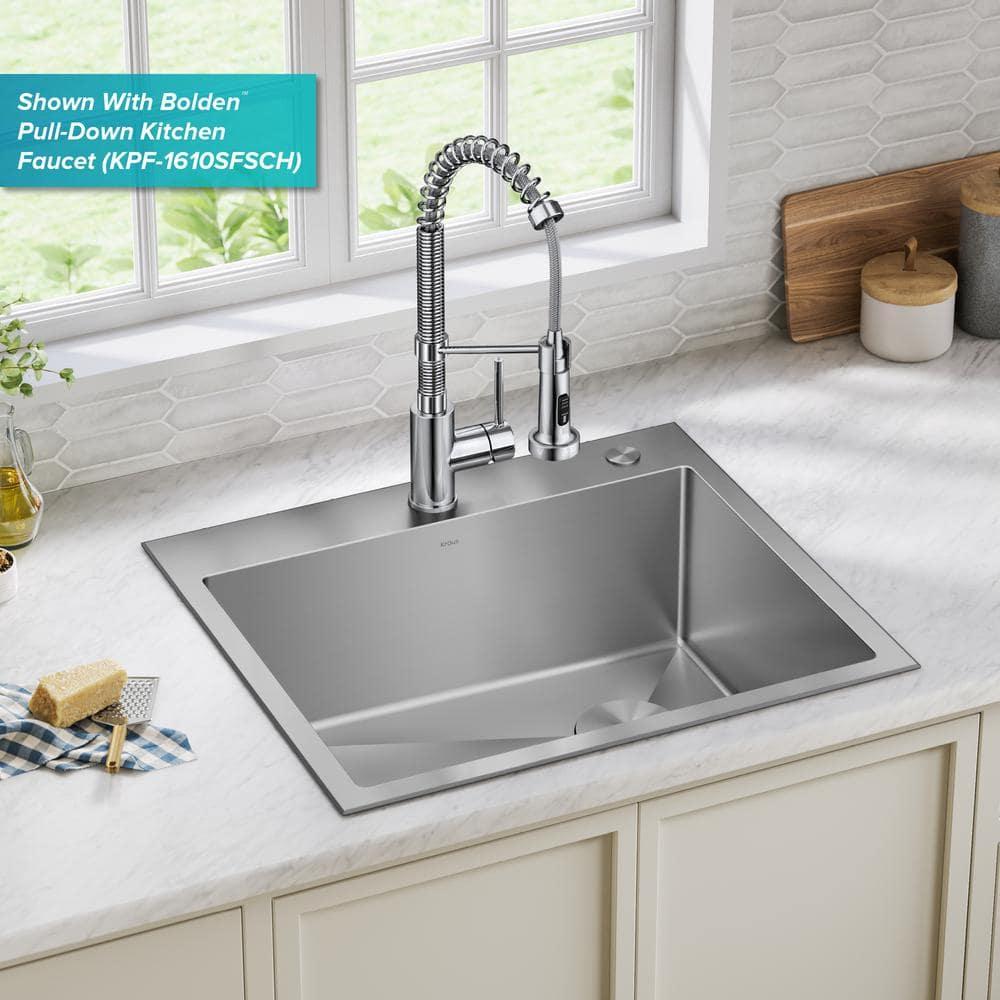 Kraus KHT411-25 Standart Pro Drop-in Topmount 16 Gauge Single Bowl 2-Hole Stainless Steel Set (5 Item Bundle: Sink, Bottom Grid, Assembly, Drain Cap, Kitchen Towel), 25 Inch, Tight Radius