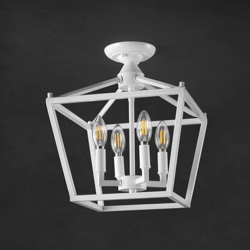 Plains Mini Lantern 12 in. 4-Light Iron Modern Farmhouse LED Flush Mount, White