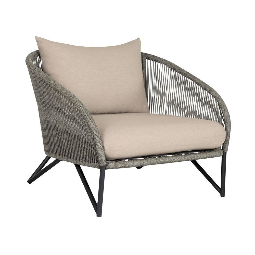 Benicia Outdoor Patio Chair in Black Steel with Gray Rope and Taupe Cushions