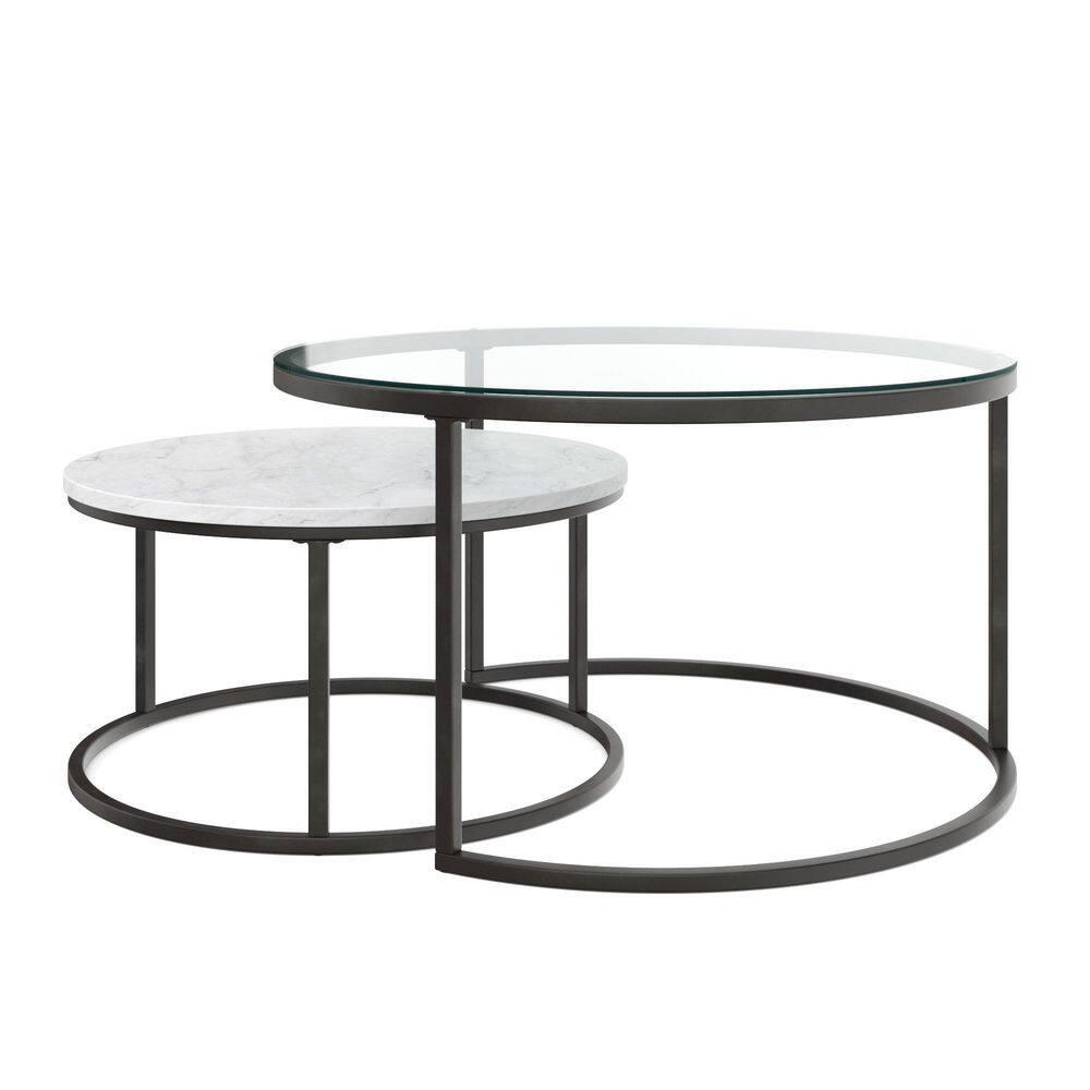 Nathan James Stella Nesting Coffee Tables Faux Carrara Marble Glass Black/White