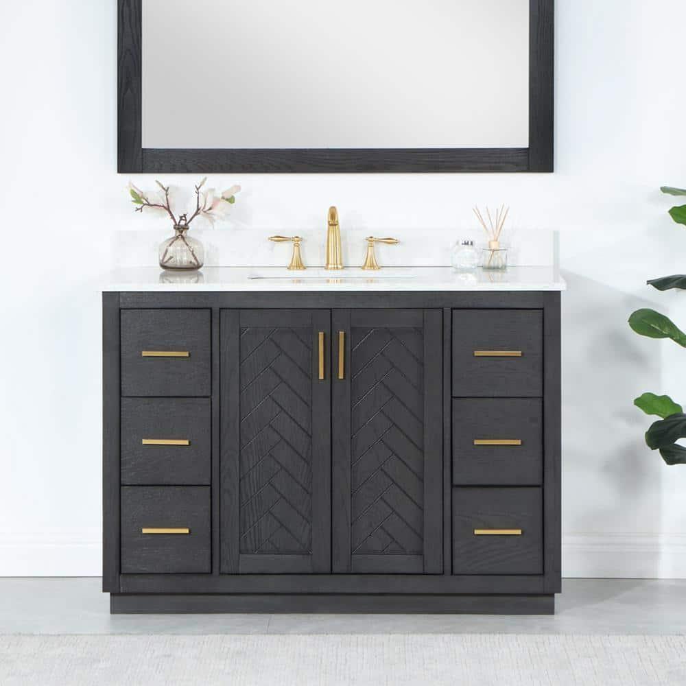 Gazsi 48" Single Bathroom Vanity Set in Brown Oak with Grain White Composite Stone Countertop without Mirror