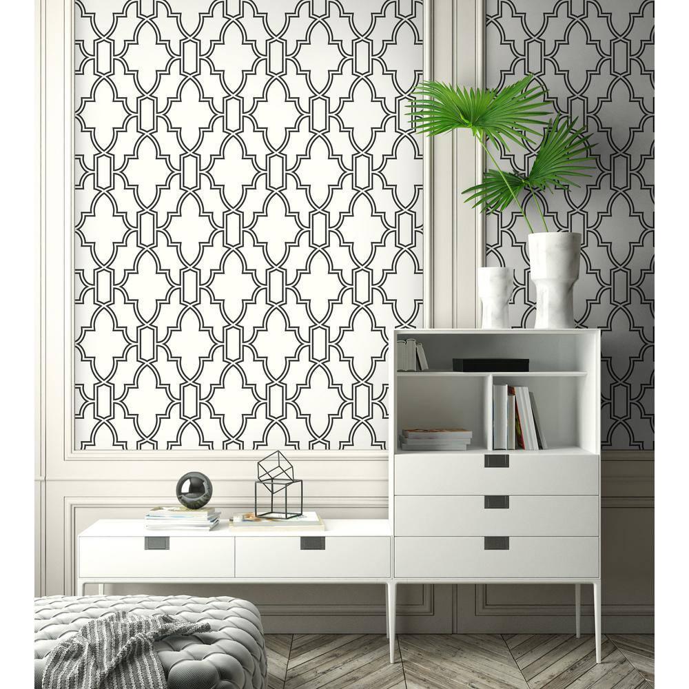 NextWall  Black and White Tile Trellis Peel and Stick Wallpaper - 20.5 in. W x 18 ft. L
