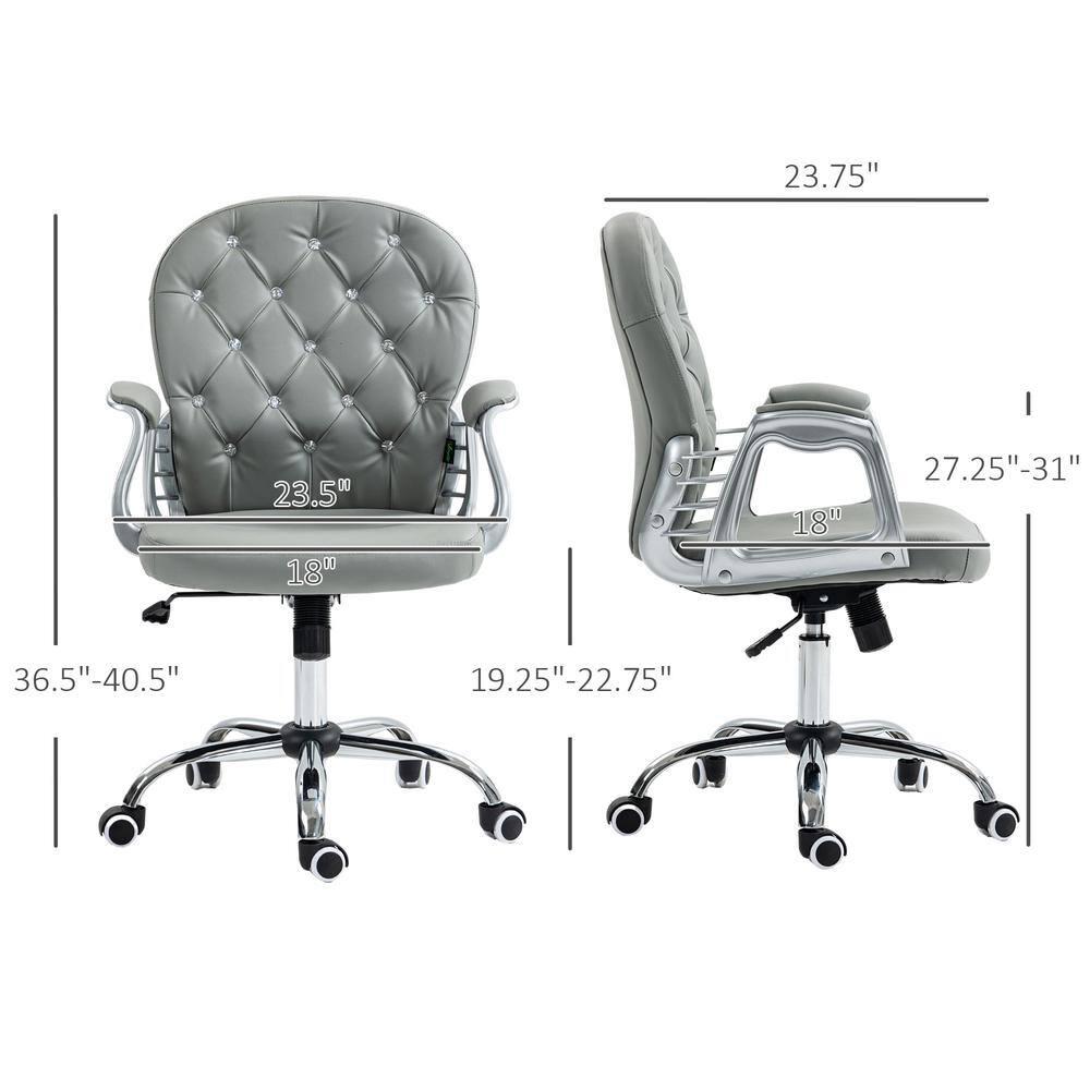 Vinsetto Vanity PU Leather Mid Back Office Chair Swivel Tufted Backrest Task Chair with Padded Armrests, Adjustable Height, Rolling Wheels, Gray