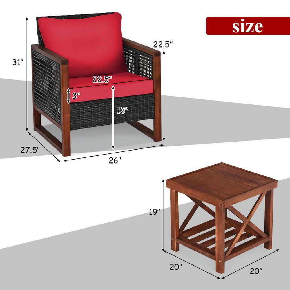 Costway 3PCS Patio Wicker Furniture Set Solid Wood Frame Cushion Sofa w/ Square Table Shelf Red