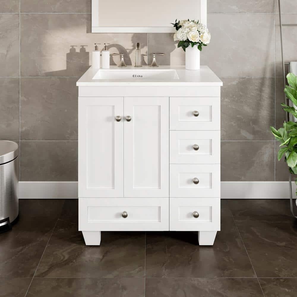 Eviva Acclaim 28"W x 22"D White Bathroom Vanity with White Carrara Quartz Vanity Top and Rectangular Undermount Sink
