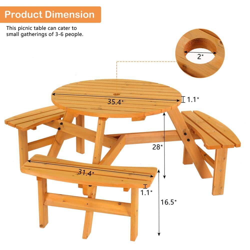 Best Choice Products 6-Person Circular Outdoor Wooden Picnic Table w/ 3 Built-In Benches, 500lb Capacity - Natural