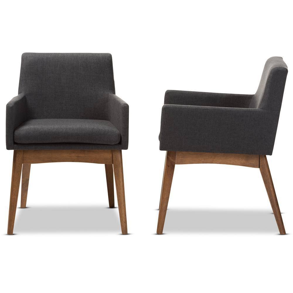 Set of 2 Nexus Mid Century Modern Walnut Wood Fabric Upholstered Dining Armchair Dark Gray - Baxton Studio: Polyester, Rubberwood Frame