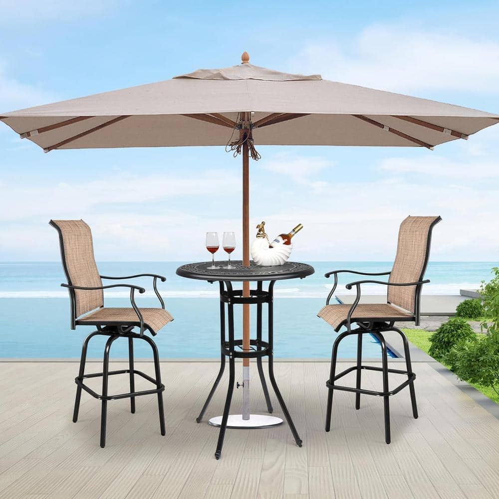 Black Cast Aluminum Round Outdoor Bar Table with Umbrella Hole