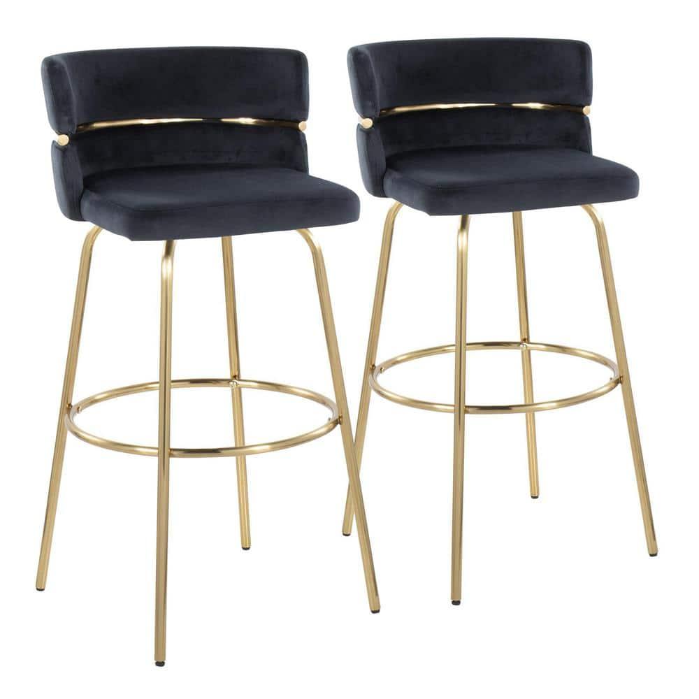 LumiSource Set of 2 Cinch-Claire Barstools Gold/Black: Velvet Upholstery, Swivel Function, Metal Legs