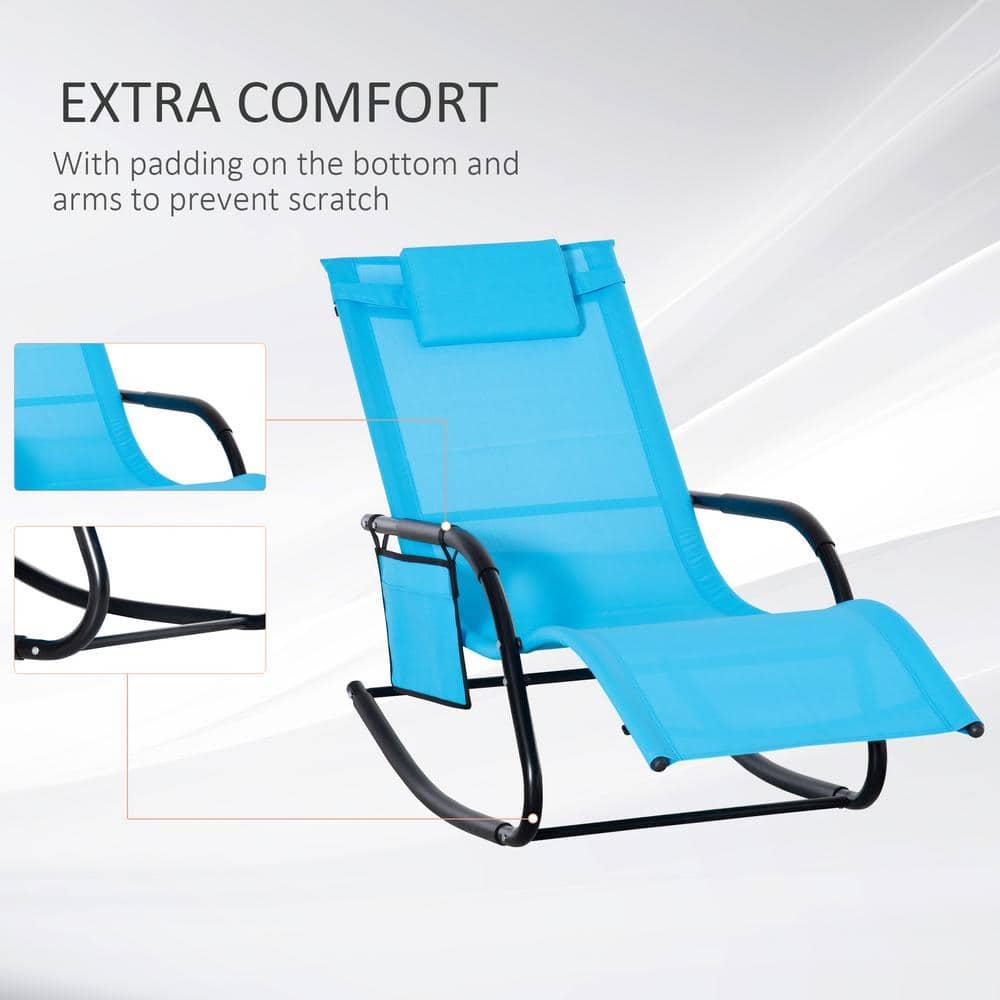 Outsunny Outdoor Rocking Chair, Patio Sling Sun Lounger, Pocket, Recliner Rocker, Lounge Chair with Detachable Pillow for Deck, Garden or Pool, Blue