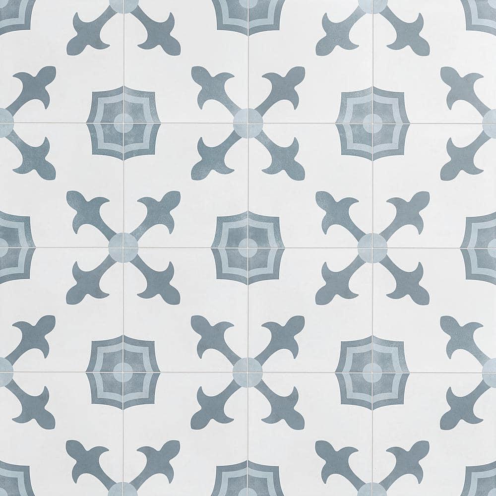 Plumeria Blue and White Square 9 in. x 9 in. Matte Porcelain Floor and Wall Tile (10.65 sq. ft./ Case)