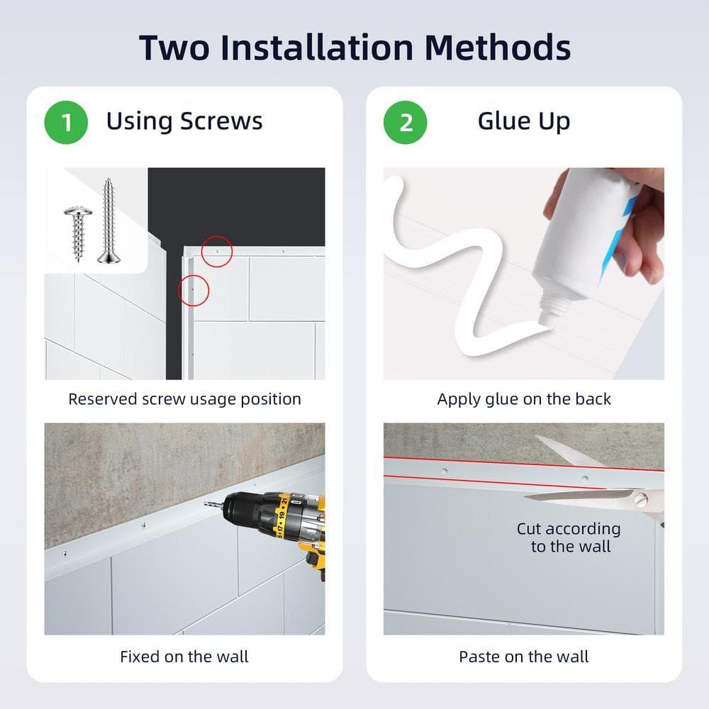 WoodBridge Solid Surface Shower Wall Panel Surround, High Gloss White Finish, Cuttable, Two Installation Methods (Screw Mounting or Glue-Up Design)
