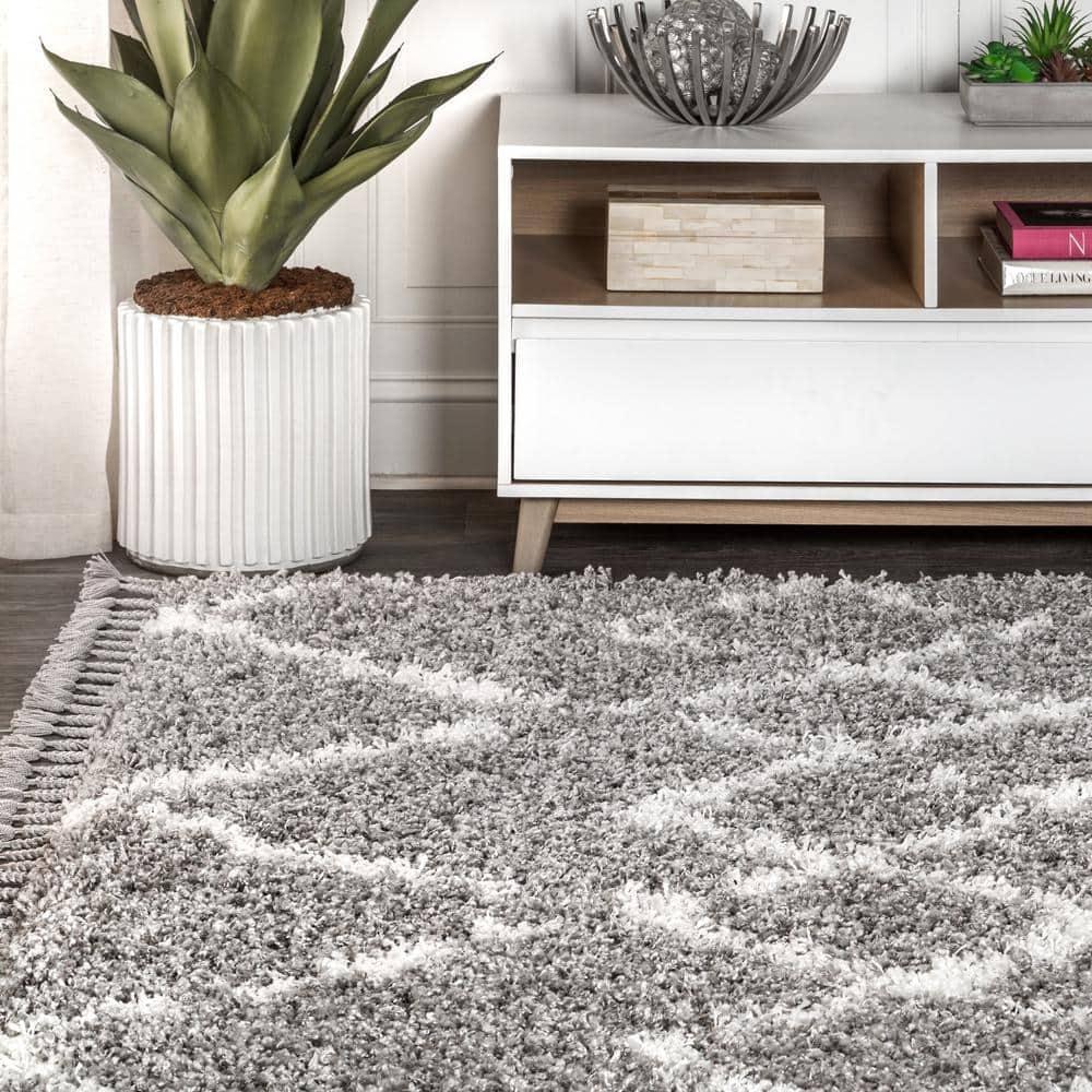 3'x5' Mercer Shag Plush Tassel Moroccan Geometric Trellis Area Rug, Grey/Cream - JONATHAN Y