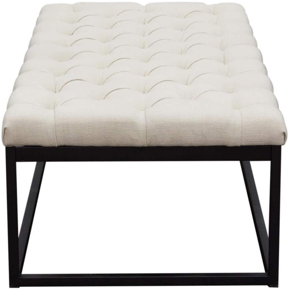 Large Beige Linen Upholstered Bench with Black Metal Base